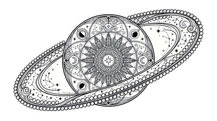 Bohemian Zodiac Planet Saturn with Rings and Stars, Celestial Tattoo Design © Joni