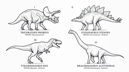 Four Dinosaur Illustrations: Triceratops, Stegosaurus, Tyrannosaurus Rex, Brachiosaurus © Joni
