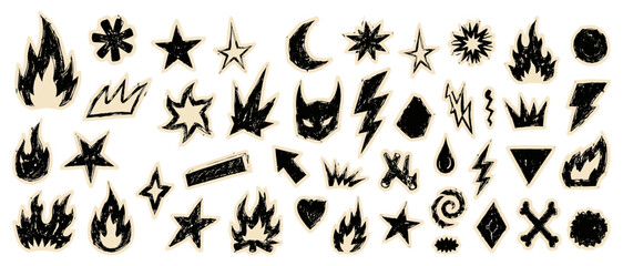 Fototapeta premium Grunge craft fire and star paper cutout icons, doodle flame shapes with ink texture, punk scrapbook collage elements isolated vector set