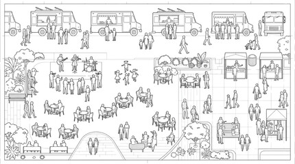 Obraz premium Vector line art collection of food truck festival master plan entourage elements with outdoor market music concert and park