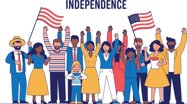 A diverse crowd of people joyfully celebrates Independence Day, waving American flags and raising their hands in excitement isolated on transparent background