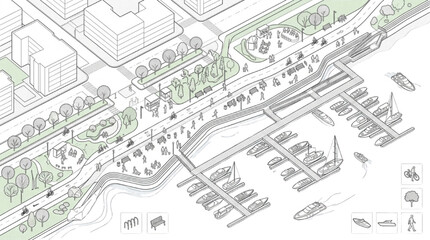 Obraz premium Vector line art collection of isometric waterfront promenade master plan entourage elements with boat marina and park