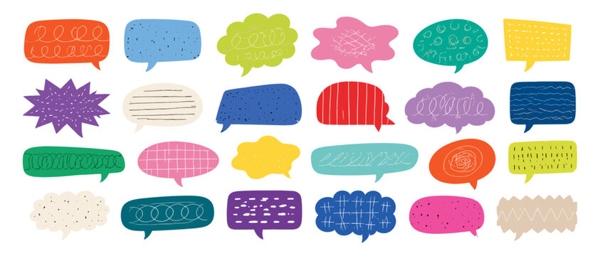 Playful colorful speech bubbles with textured scribble patterns, modern message group for chat, dialogue, discussion and creative communication design
