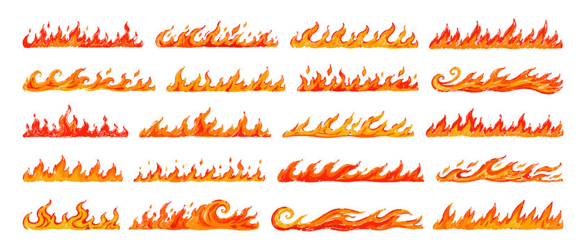 Fiery flame strips and hot blaze borders with textured orange sparks, hand drawn crayon fire shapes and dynamic flat vector decorations isolated on white background
