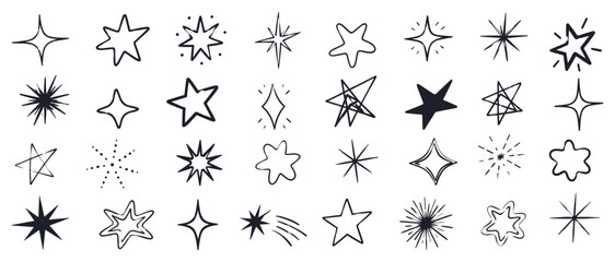 Abstract sketchy star shapes set with quirky outline doodles, trendy hand drawn sparkle symbols for decorative shine and magic vector illustration © aura studio