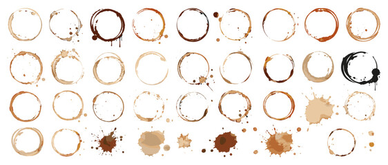 Coffee mug ring stain set with cup bottom marks, spilled liquid circles, wet stamp textures and hand drawn grunge shapes isolated as vector elements © aura studio