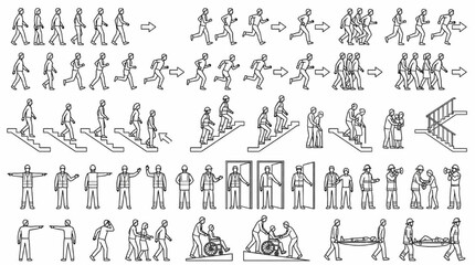 Fototapeta premium Vector line art collection of emergency evacuation safety entourage elements with rescue people stairs and exit doors
