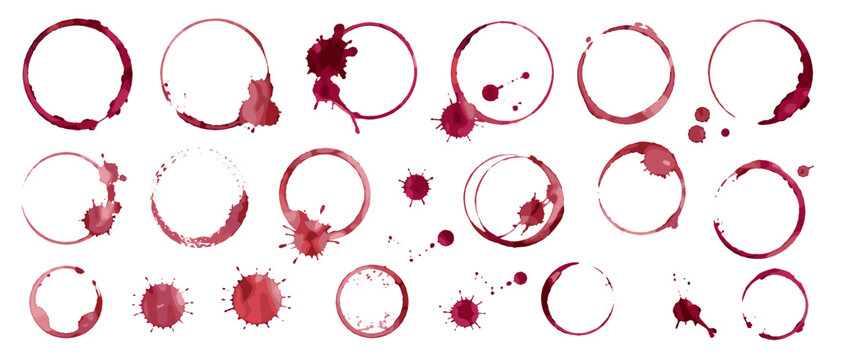 Red wine stain rings and splash marks collection, circular glass imprints and beverage texture elements for bar menu restaurant vector illustration