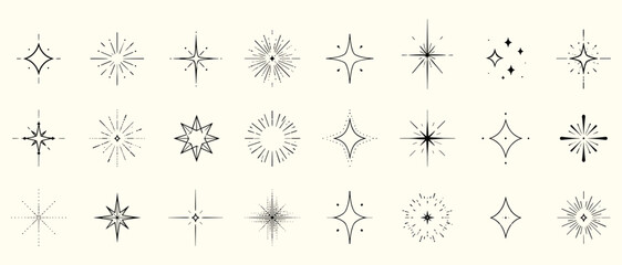 Minimal shine sparkle starburst line icon set, thin black decorative bling stars and magic flash symbols for modern vector design collection © aura studio