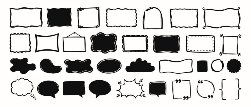 Messy hand drawn doodle frames with curvy rectangles, uneven square boxes, rough sketch borders, organic note tags and simple wavy vector outlines