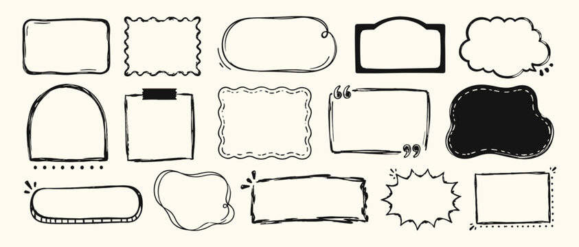 Hand drawn wavy doodle frame set with irregular rectangles, rough square text boxes, organic callouts, playful borders and sketch vector shapes