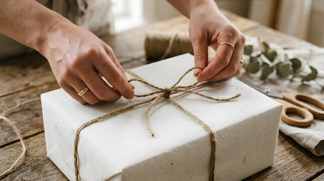 Hands tying ribbon on gift isolated on transparent background