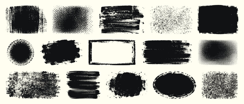 Grunge ink roller texture set with rough stamp overlays, dirty dust grain shapes, halftone screen print effects and vintage letterpress backgrounds