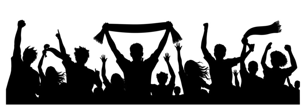 Happy cheering people crowd silhouette, black soccer fans and concert audience group with scarves celebrating victory at sport stadium event