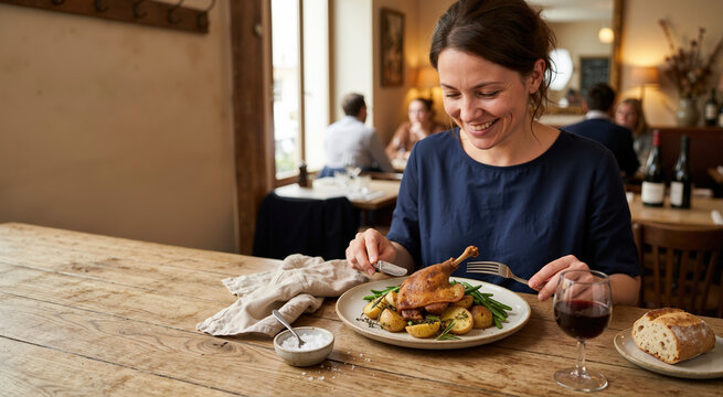 Woman eating duck confit in a French restaurant. Roasted duck leg with potatoes and green beans