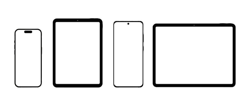 Black and white smartphone and tablet mockup set with empty screen, front view mobile device frames for app ui ux presentation vector