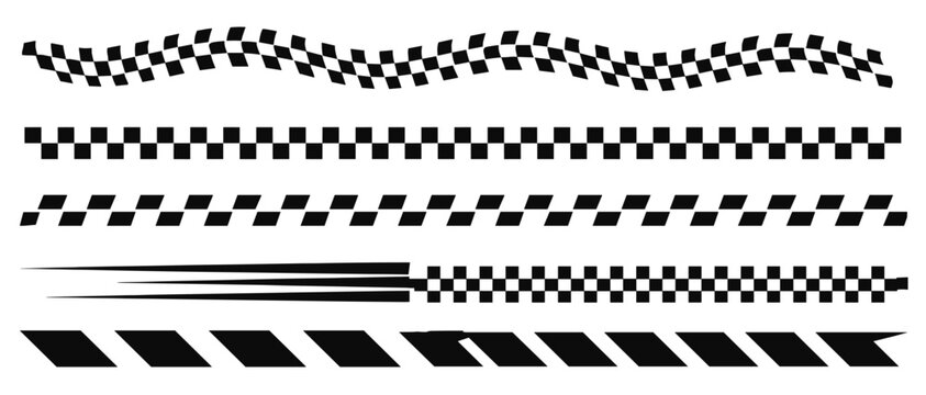 Seamless checkered racing flag pattern with black and white finish line ribbon, rally border texture and motorsport grid background vector