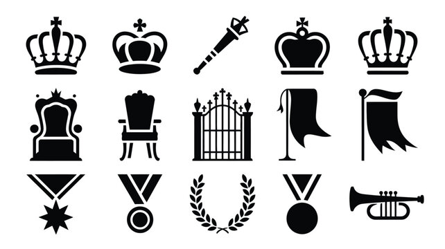 Set of imperial icons featuring royal crowns ceremonial maces thrones and heraldic banners.