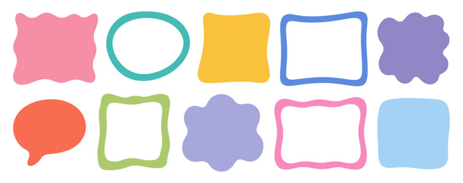 Playful organic doodle borders collection, uneven hand drawn square frames with curved rough edges for picture, note and label vector illustration