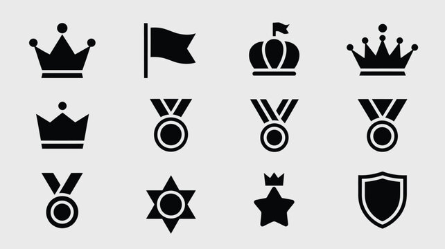 Collection of flat crown flag medal and shield vector icons for business graphic design.