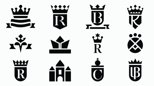 Set of luxury crown and shield heraldic crests with letter monograms in black vector style.
