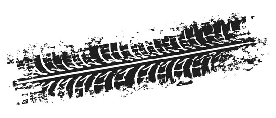 Obraz na płótnie Canvas Dirty tire tread marks with grunge rubber texture, black wheel tracks for car, bike, motorcycle, truck skid print and off road vector illustration