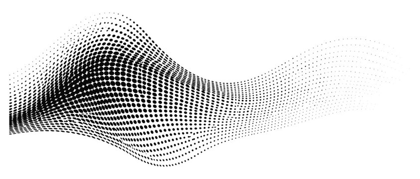 Black and white halftone gradient background with dotted dither wave, pixel noise texture, geometric shadow transition, abstract vector illustration