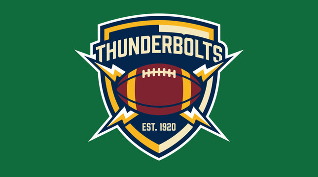 Dynamic American football team emblem featuring a vintage-style shield, lightning bolts, and a classic football, ideal for athletic branding and sportswear designs