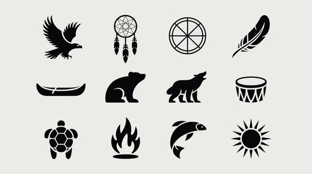 Native american spiritual symbols and wildlife icons featuring dreamcatcher and eagle.
