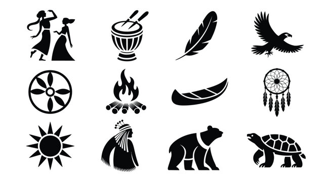 Cultural symbols of indigenous traditions including wildlife animals and tribal artifacts.