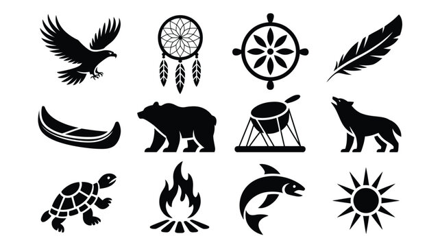 Tribal heritage icons set featuring native american animals and spiritual traditional art.