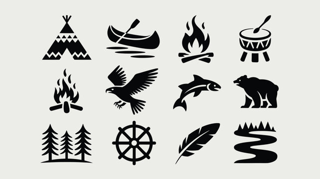Collection of traditional indigenous cultural icons featuring camping nature elements.