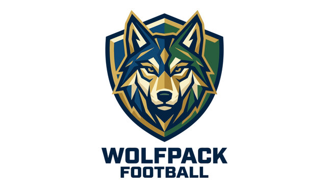 Wolfpack Football Team Logo Emblem - Fierce Wolf Head on Shield, Sporty Design