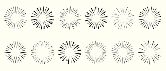 Radial sunburst line frame vector icon set with black comic speed burst circles, manga explosion rays, abstract starburst motion and energetic frames © aura studio