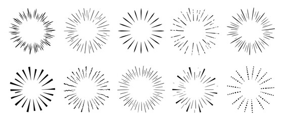 Radial sunburst comic burst frame set with black line explosion circles, manga speed effect, action boom rays and minimal vector icons © aura studio