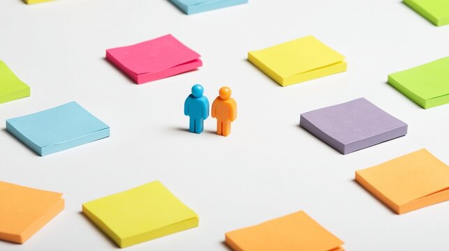 Two miniature human figures standing on a clean white surface, surrounded by scattered colorful sticky notes, representing people organizing ideas and collaborating on tasks