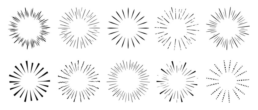 Radial sunburst comic burst frame set with black line explosion circles, manga speed effect, action boom rays and minimal vector icons