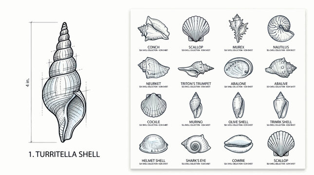 Seashell Collection: Hand-Drawn Illustrations of Marine Mollusk Shells