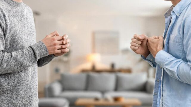 Argumentative living room confrontation tense disagreement and emotional exchange between partners