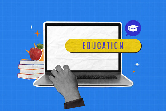 Collage of a laptop, books, and apple, highlighting Education theme.