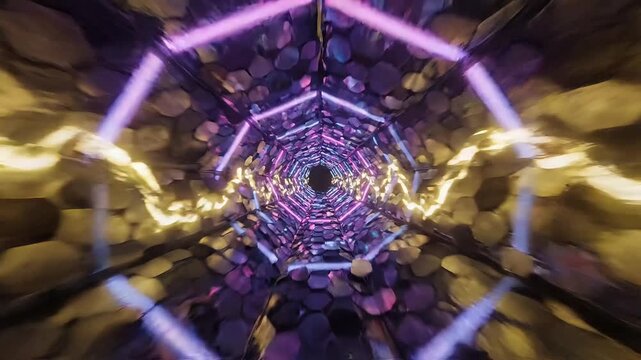 Futuristic neon tunnel, purple and gold abstract background, glowing hexagonal pattern, cyberpunk atmosphere, immersive visual effects