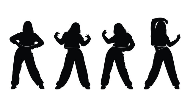 silhouette of four dancing figures on white background movement pose dynamic