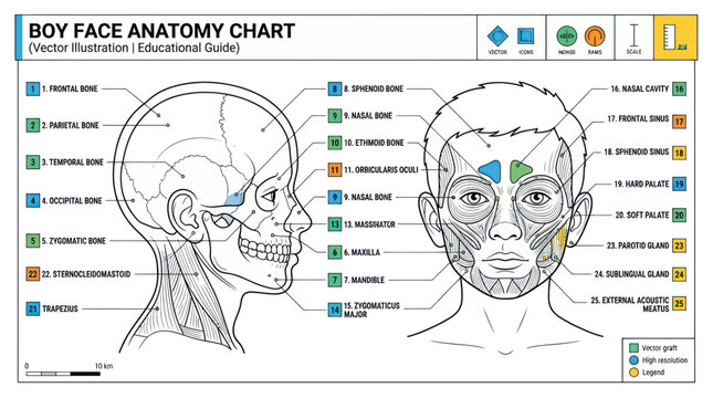 Boy Face Anatomy Educational Chart: Skull, Muscles, and Bone Structure