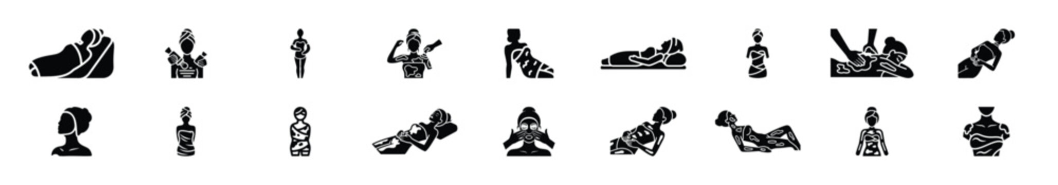 Minimalist female mud wrap silhouette icon set, women view and beauty vector icons