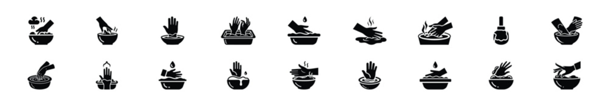 Minimalist female paraffin wax treatment silhouette icon set, women view and beauty vector icons