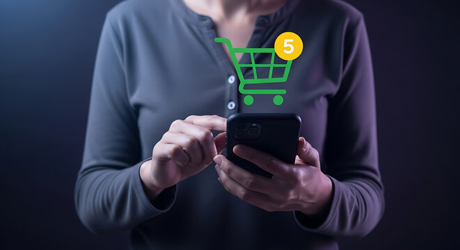 Woman using a smartphone for online shopping with a virtual shopping cart icon and notification bubble showing five items