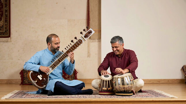 Two Indian musicians playing traditional sitar and tabla instruments. Smiling men performing classical music sitting on a rug indoors. Cultural acoustic performance
