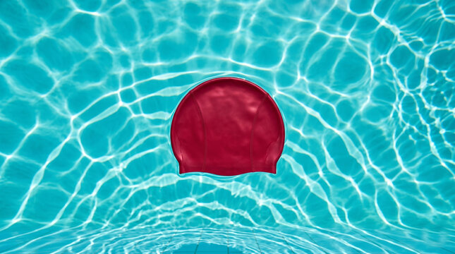 Minimalist view of a red swimming cap in a turquoise pool
