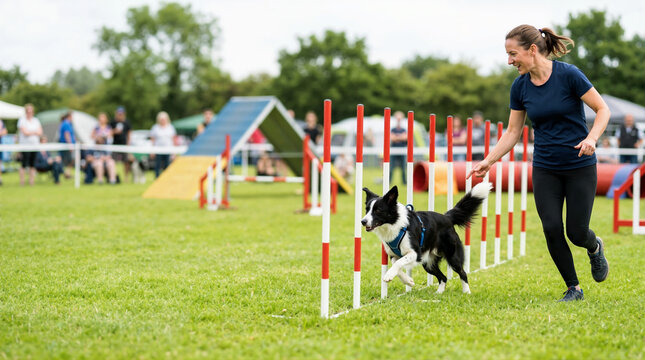 Woman running with Border Collie through weave poles on dog agility course. Female handler guiding pet in outdoor canine sports competition