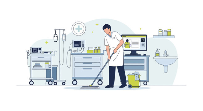 Medical cleaner sanitizing hospital room with equipment and computer